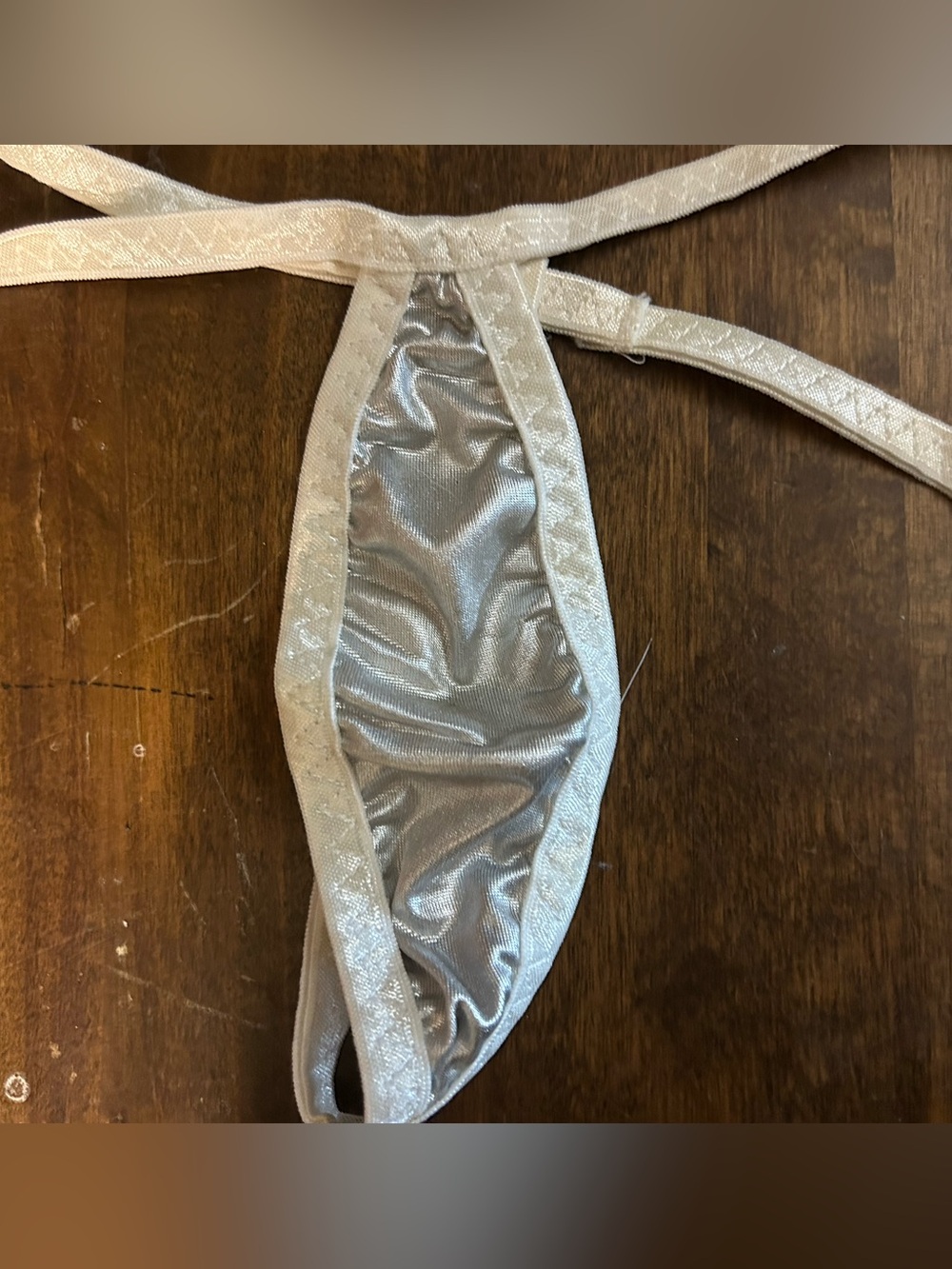 NWOT Sexy Skimpy Handmade White w/ Silver Lame Teardrop Top & Thong Bikini Set - Picture 4 of 6